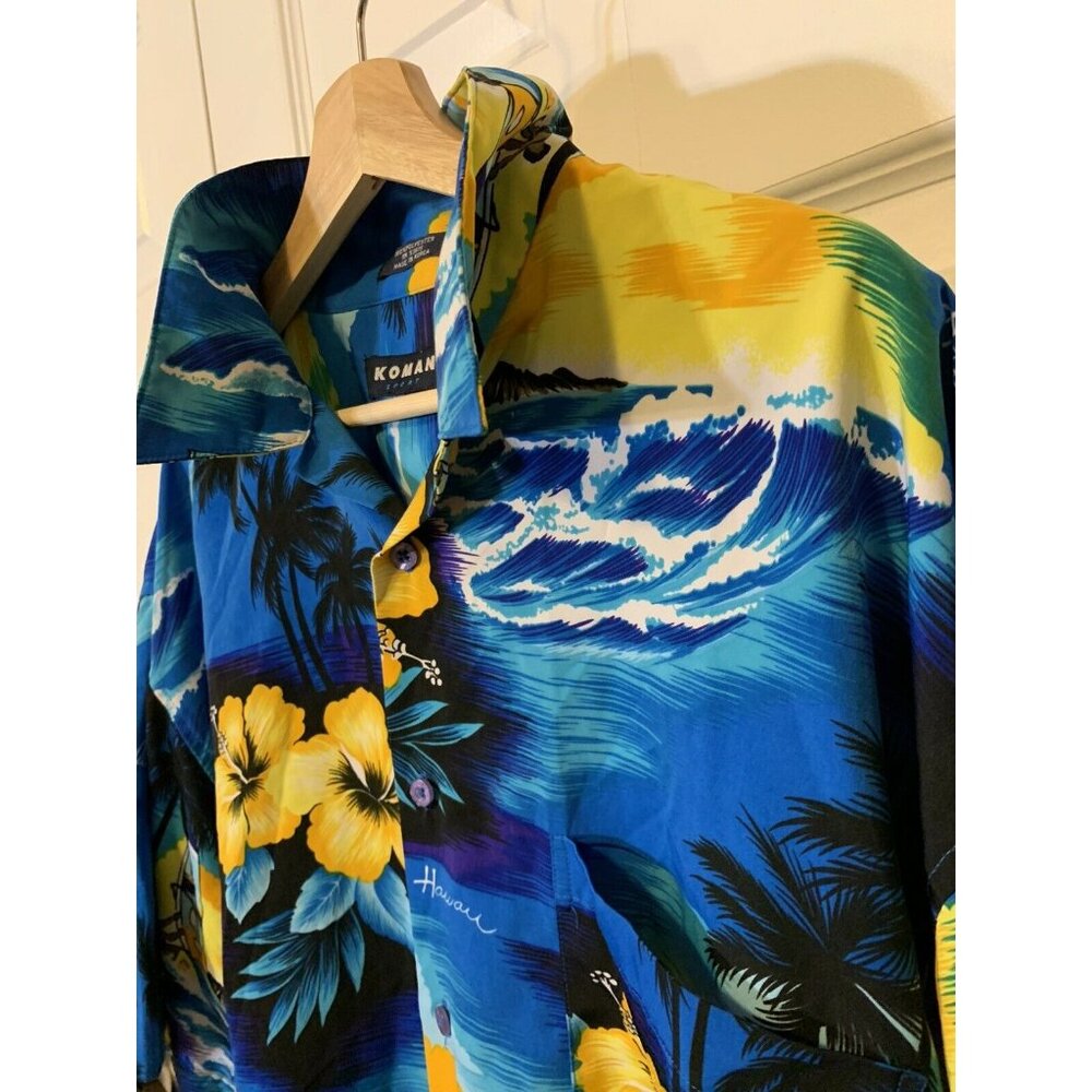 Koman Sport Men’s Sz 2XL Blue Hawaiian Shirt Tropical Hawaii State Palm‎ Trees